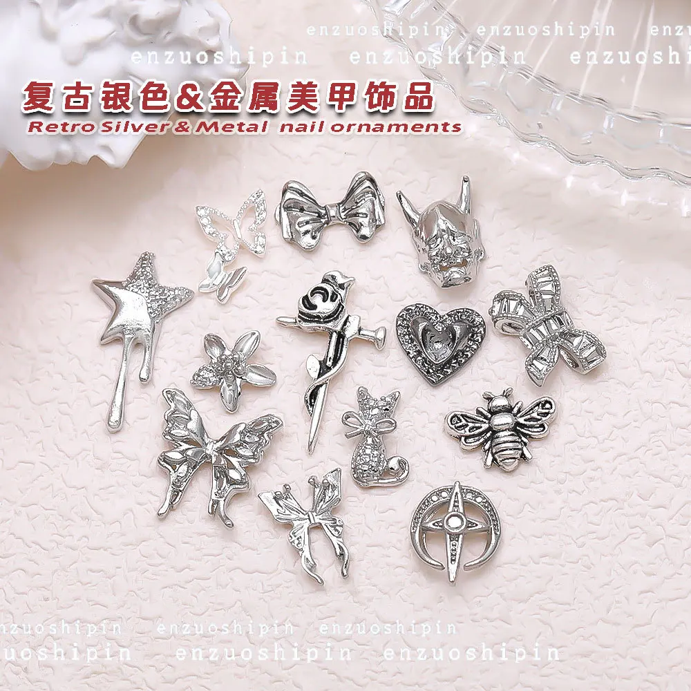 20PCS 3D Retro Antique Silver Nail Art Charms Buttrefly Bow Accessories Parts For Manicure Nails Decoration Supplies Materials