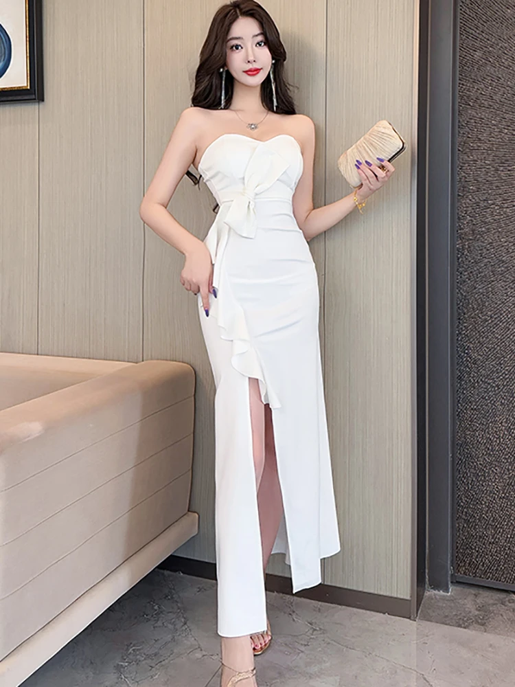 Zomer witte strik bodycon ruches split lange jurk damesmode chique borstverpakking sexy jurk 2025, elegante luxe avondjurk