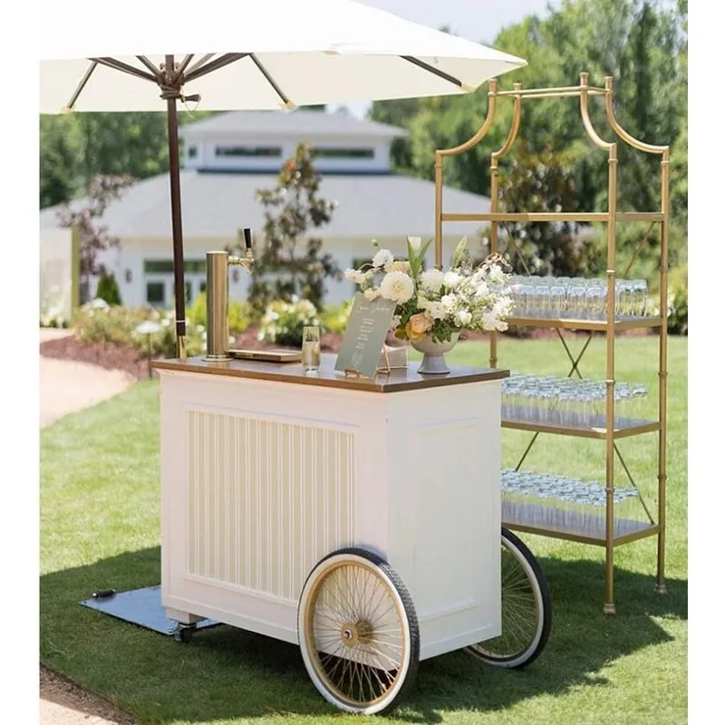 

Hot Sale Cart Wedding Party Decoration with Umbrella Custom Metal Mobile Candy Cart Business Food