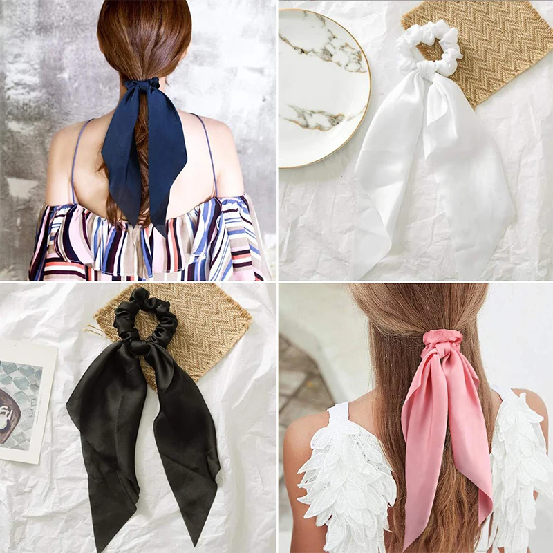 Fashion Solid Color Bow Satin Long Ribbon Ponytail Scarf Hair Tie Scrunchies Women Girls Elastic Hair Bands Hair Accessories