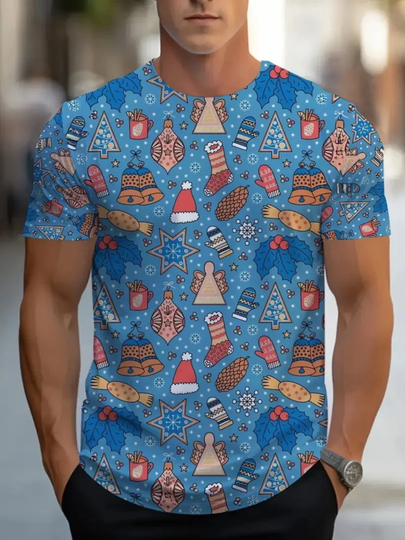 Men's 3D Santa Claus And Snowmen Print Tshirt Top Festive Holiday Design Short Sleeve Oversized Xmas Tshirt Christmas Gift
