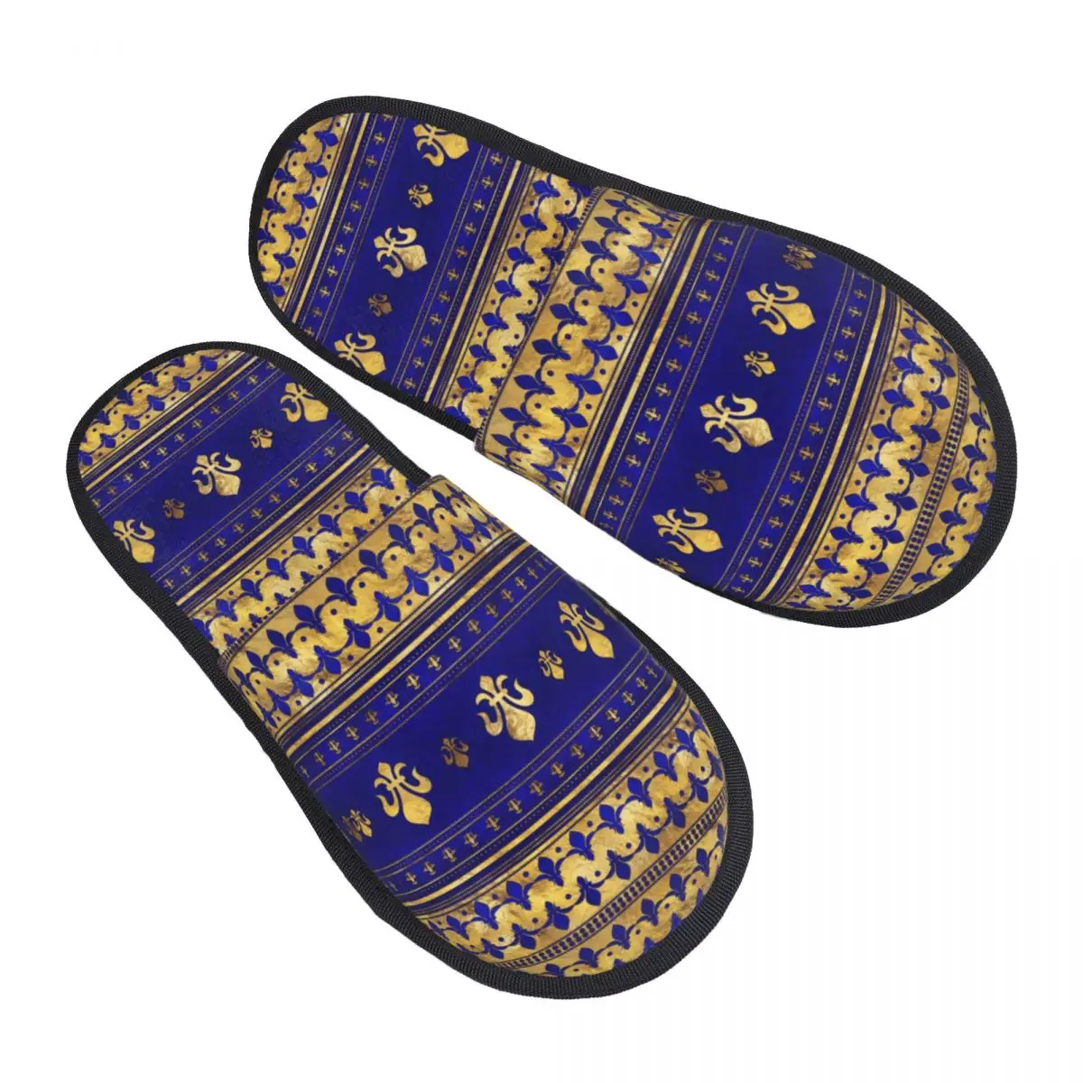 Custom Vintage Fleur De Lis Lapis Lazuli And Gold Memory Foam Slippers Women Comfy Warm Luxury Sacred Lily Flower House Slippers