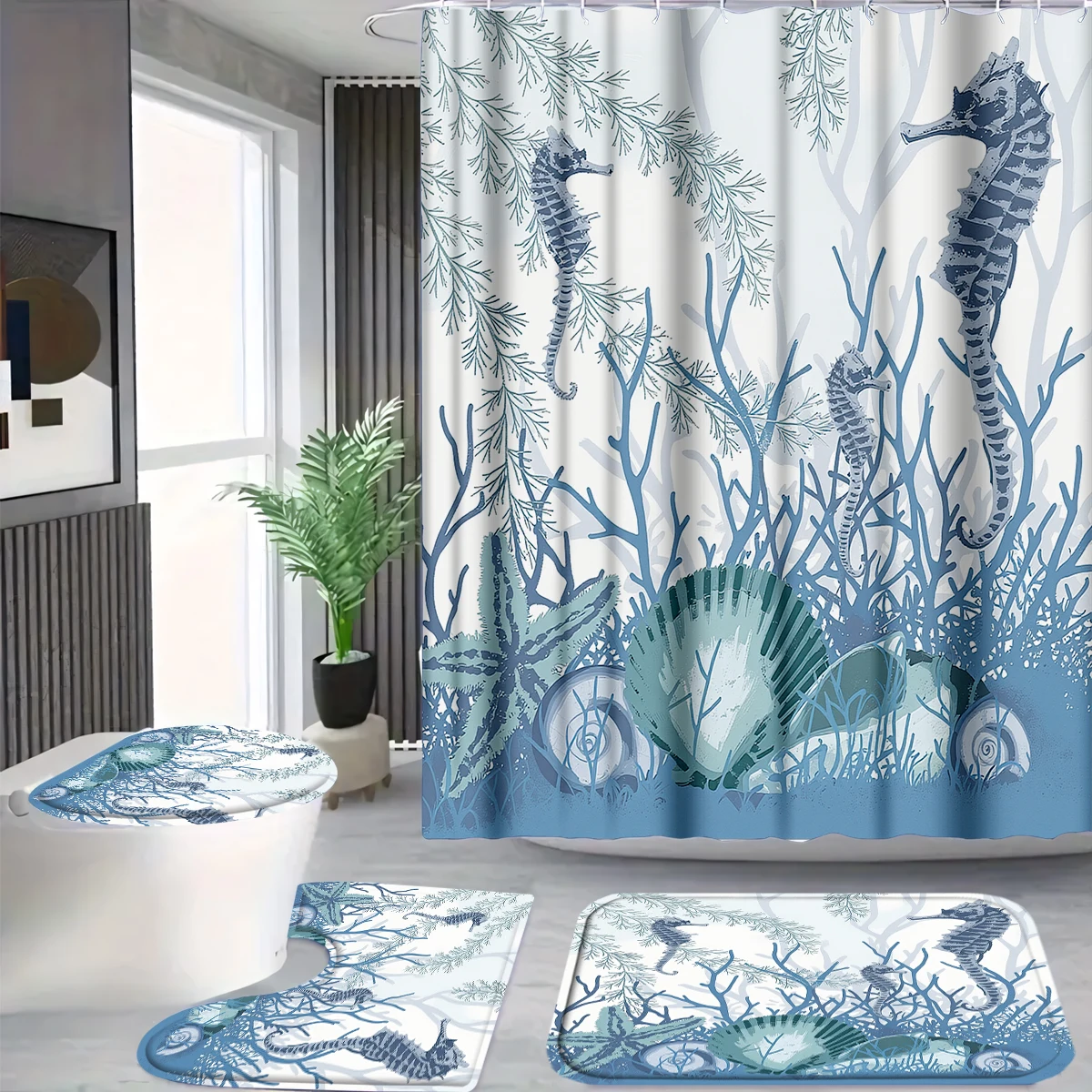 

4Pcs Blue Seahorse Coral Shower Curtain Set with Hooks, Coastal Ocean Starfish Print Waterproof Mildew Resistant Fabric Bath Mat for Family Bathroom Home Decor