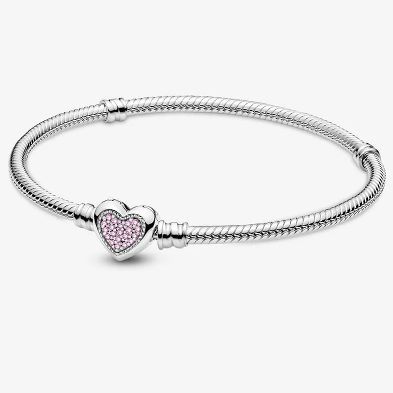 925 Sterling Silver Zircon Love Heart Simple Bracelet DIY Bead Making Fit Original Pandora Bracelets Fine Jewelry Gift