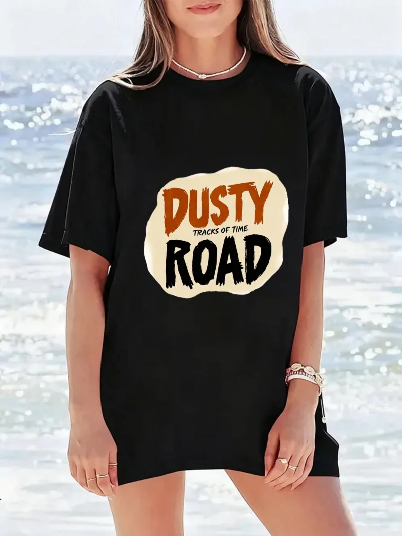 

Женская белая свободная хлопковая одежда с короткими рукавами и круглым воротником из хлопка с принтом «DUSTY ROAD» модная женская одежда