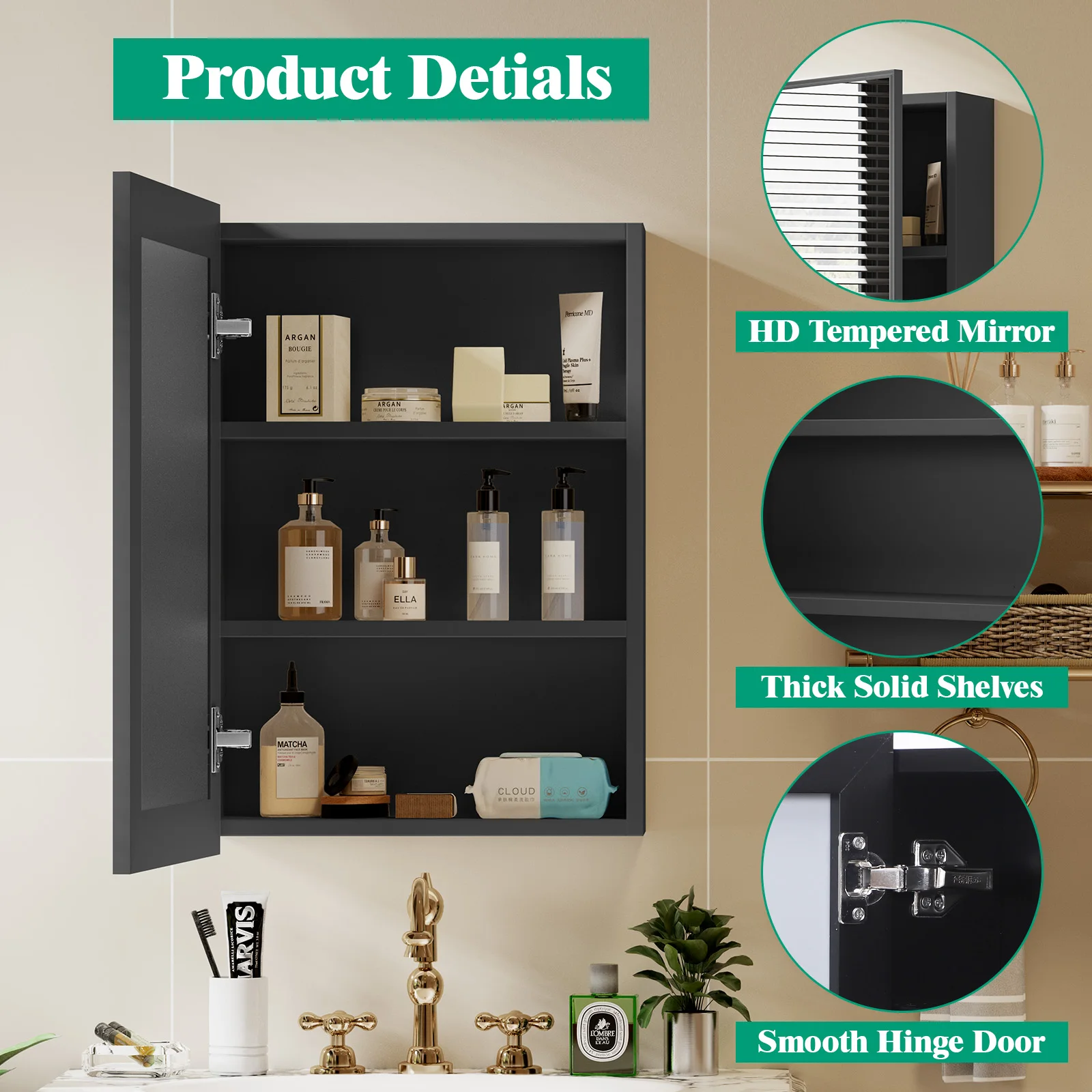 خزانة طبية للحمام باللون الأسود مع خزانة مرآة مثبتة على الحائط مقاس 16 بوصة × 22 بوصة #5