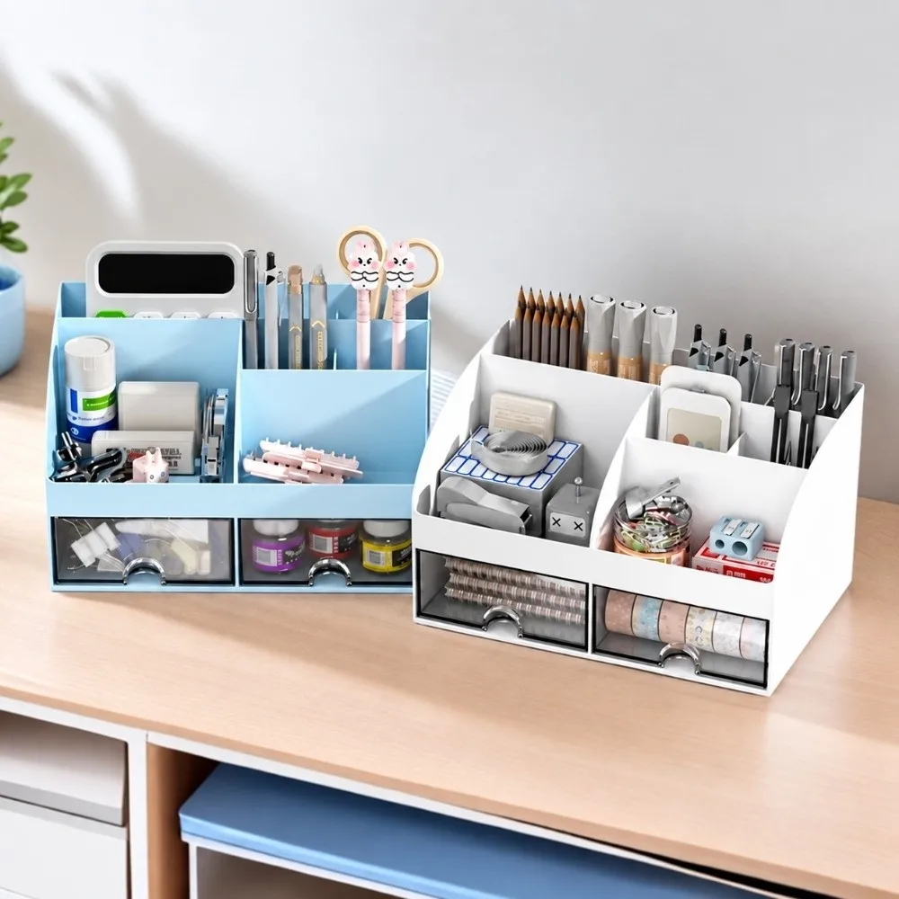 Practical Transparent Drawers Desk Organizer 2 Drawers 6 Compartments Makeup Organizer Large Capacity Pen Holder School