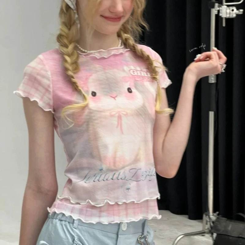 Deeptown Kawaii Mesh Pink T-Shirts Women Harajuku Y2k Japanese Style Sweet Tees Juminocore Rabbit Print Cutecore Slim T-Shirts