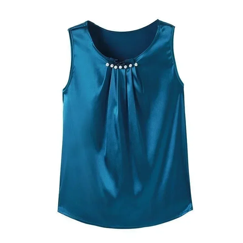 Camicette in raso da donna Top eleganti in seta a maniche lunghe Colletto alla coreana con perle Camicie da ufficio femminili Blusas casual solidi