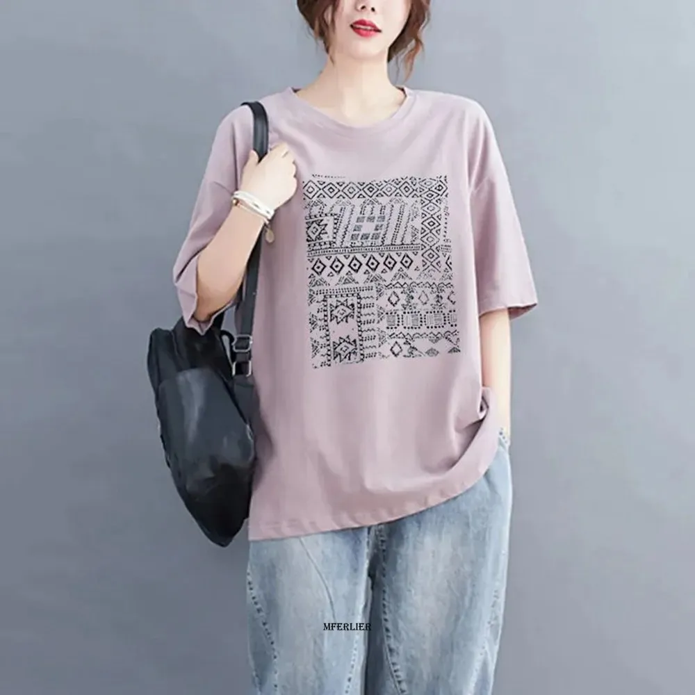 Plus Size 6XL 150kg Summer Casual Tee Short Sleeve Women T-Shirts Flower Print Street Tops Female O Neck Loose Top Pullover