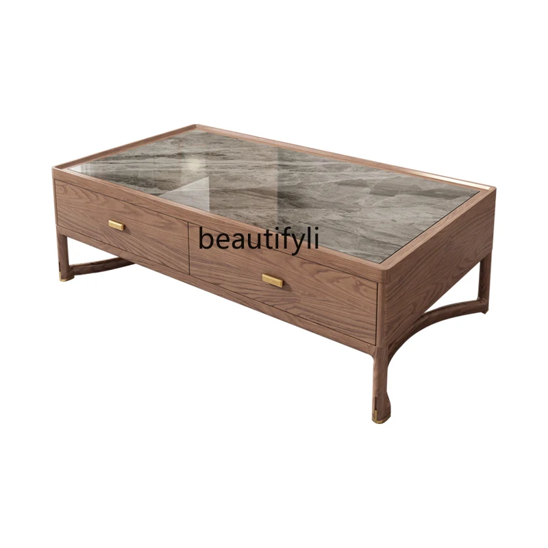 New Chinese ash wood solid wood coffee table TV cabinet combination living room size apartment Nordic, rock slab tea table