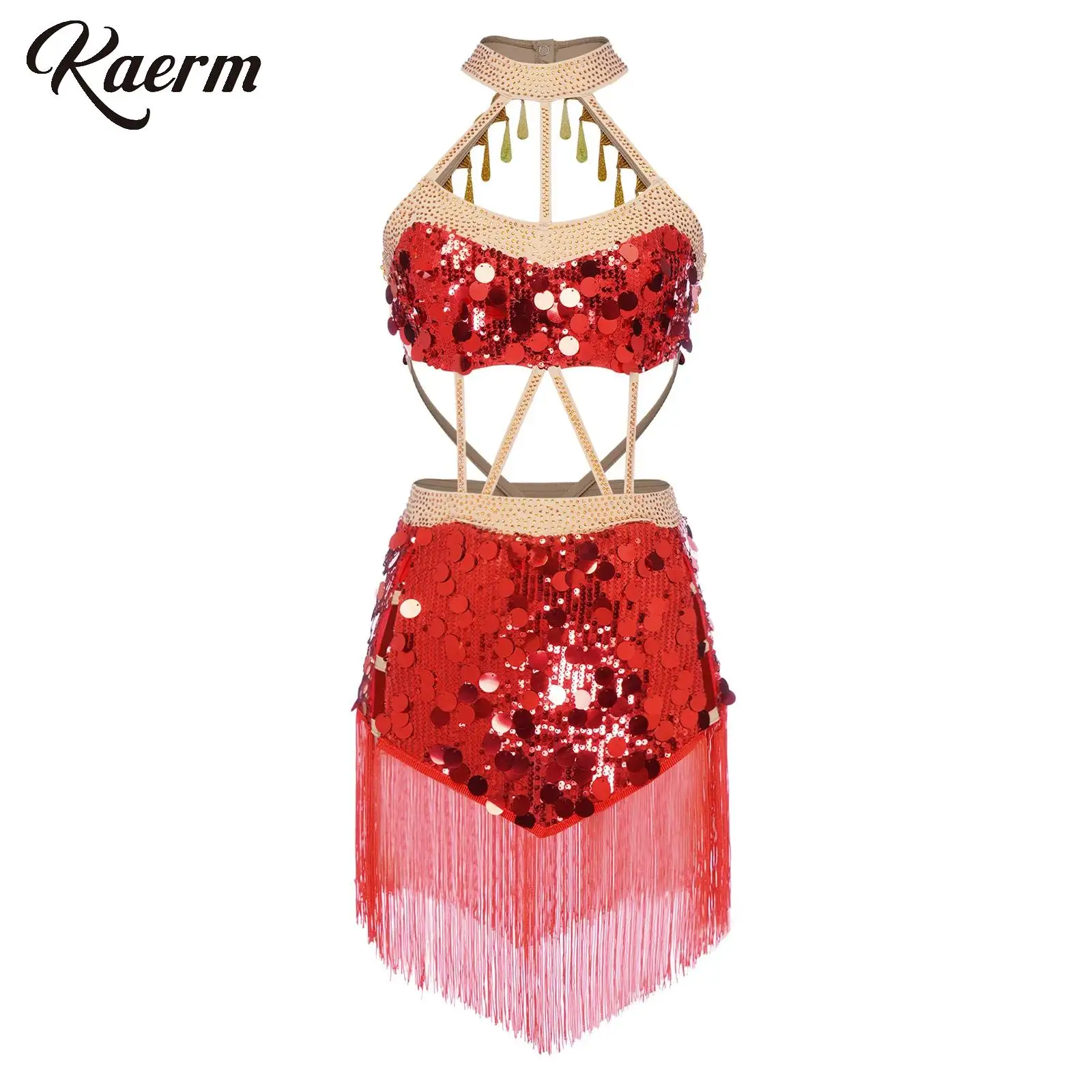 

Women Latin Dance Leotard Dress Tango Cha-cha Salsa Belly Performance Costume Sequins Rhinestone Halter Tassel Fringed Bodysuit