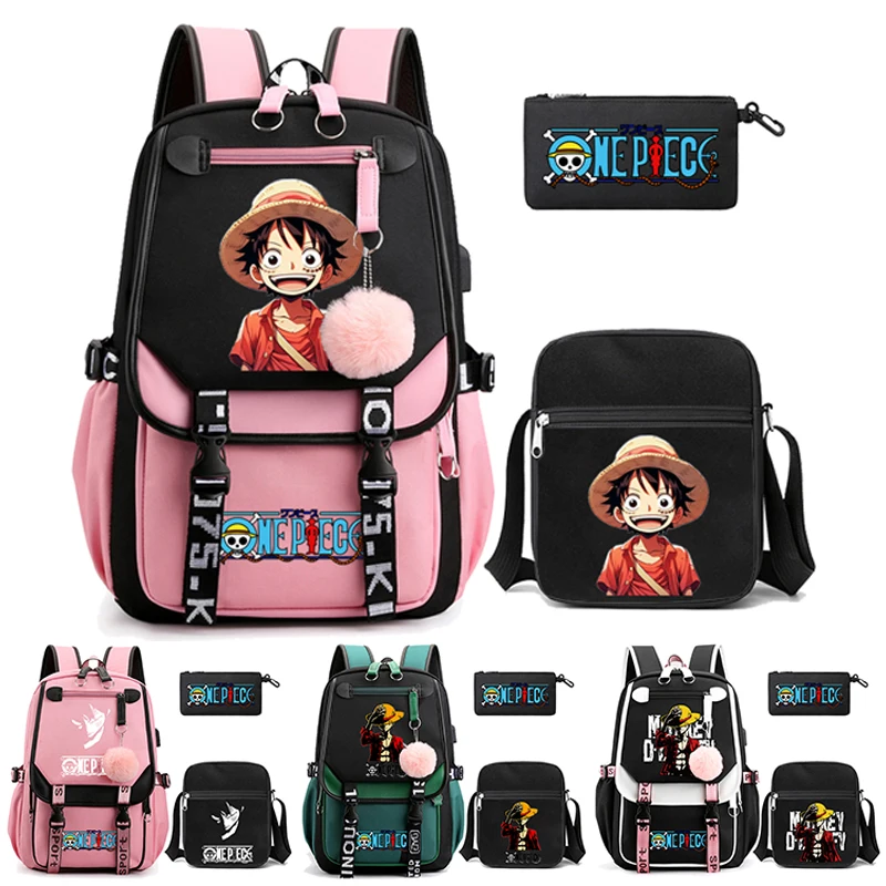 3Pcs/set One Piece Backpack Teenager Girl Boy Student Back To School Backpack Women D.luffy Rucksack Kid Canvas Cartoon Bag Set