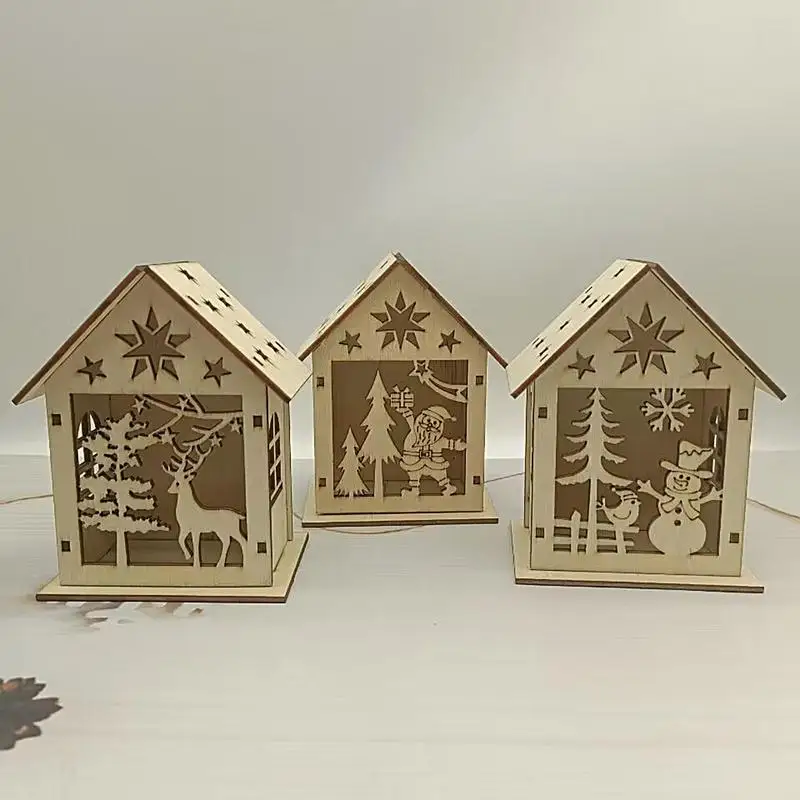 New Christmas Wooden House LED Glowing Reindeer Village House Built-in Light Hollow Carved Santa Claus And Snowmen Decor Home