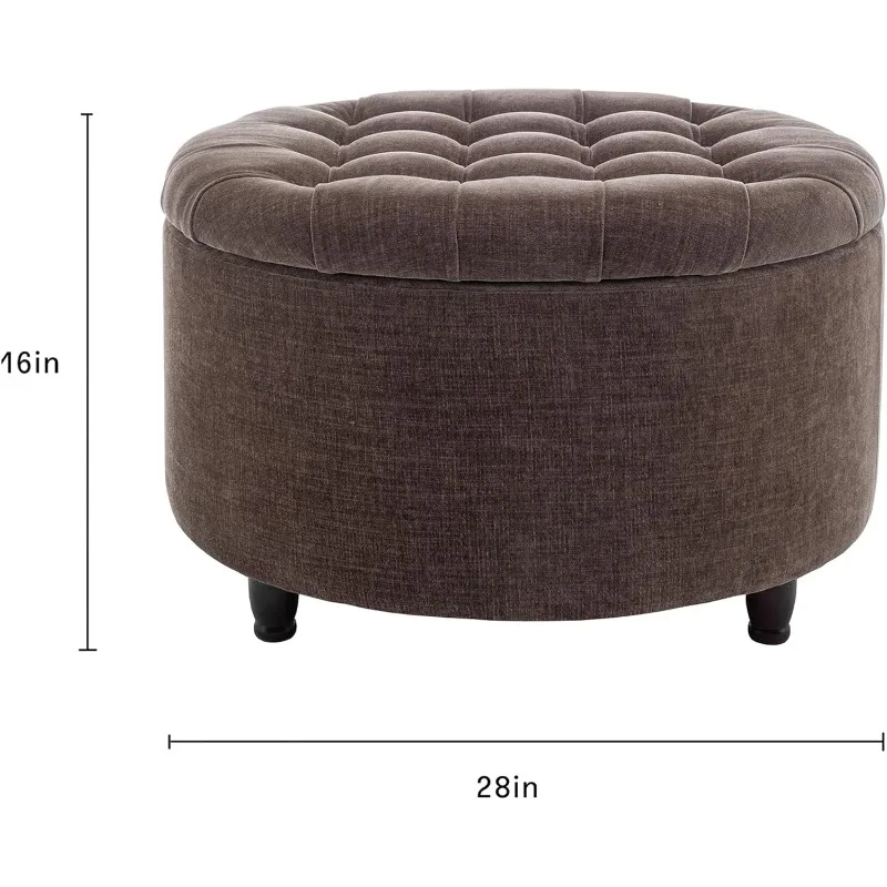 Large Round Button-Tufted Storage Ottoman, Lift Off lid, Bark Brown Fabric