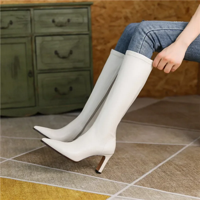 

YMECHIC 2025, осенне-зимние пикантные длинные сапоги для женщин, женская обувь до колена на тонком каблуке с боковой молнией и шитьем, большой размер 43, женская обувь