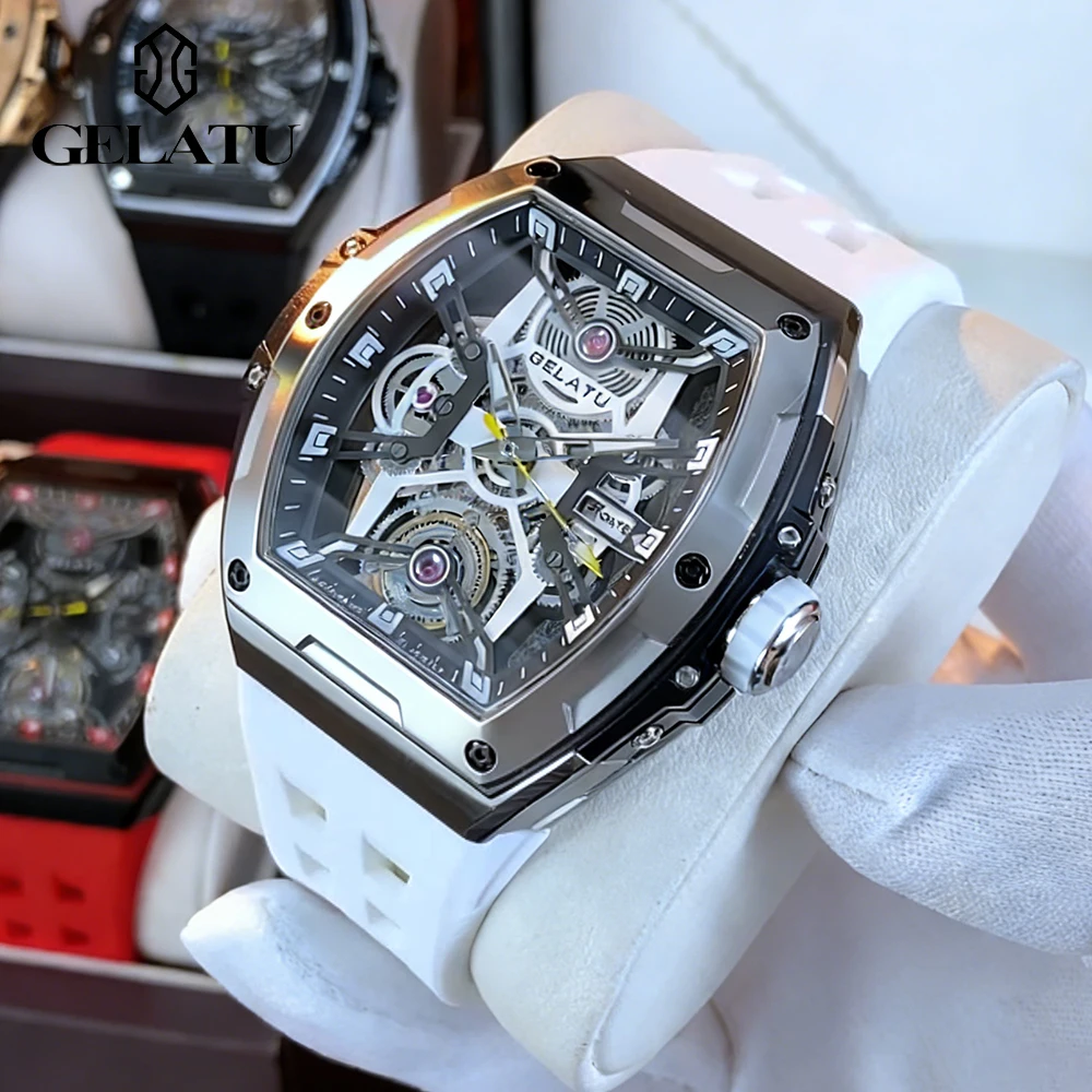 GELATU Top Brand Men's Watches Classic Fashion Tonneau Dial Silicone Strap Original Automatic Mechanical Wristwatch Self-winding