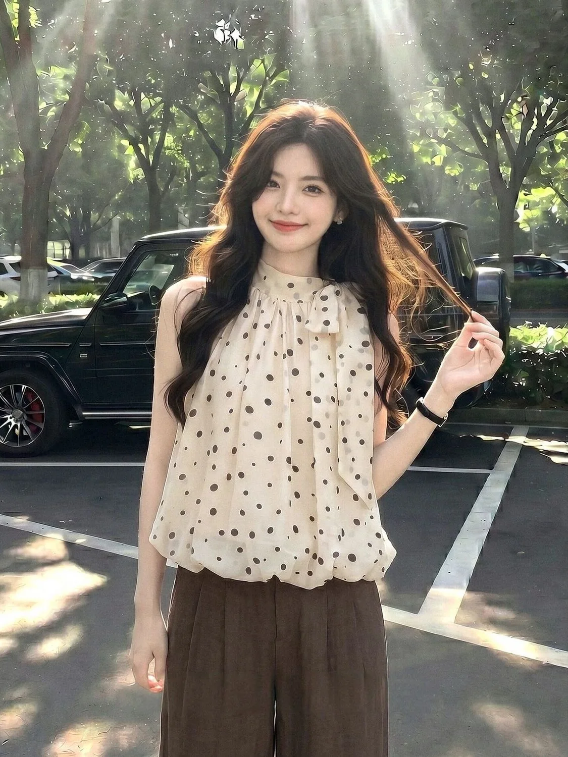 Polka Dot Bow Tie Flower Bud Vest Women's Summer New Design Sensation Outerwear Shoulder Exposure Sleeveless Top