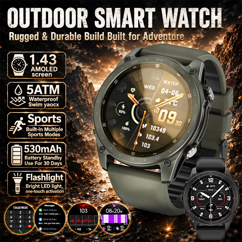 

New Sports Smart Watch LED Flashlight Compass Barometer Altitude Sleep Health Monitoring 5ATM Waterproof 500mAh Smart Watch