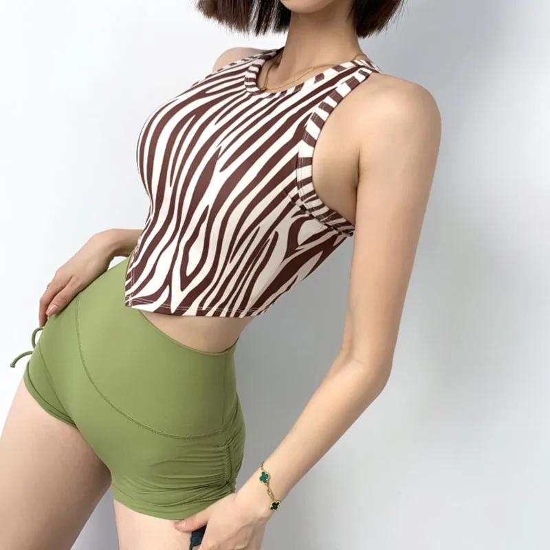 

High Neck Padded Zebra Print Fitness Sports Bras Women Vest Type High Workout Athletic Gym Tank Top with Built In Bra