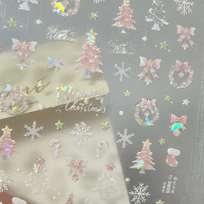 Christmas Nail Stickers Shiny Seashells Light Nail Art Parts Stickers Cute Snowflakes Star Wreath Nail Decorations Decals