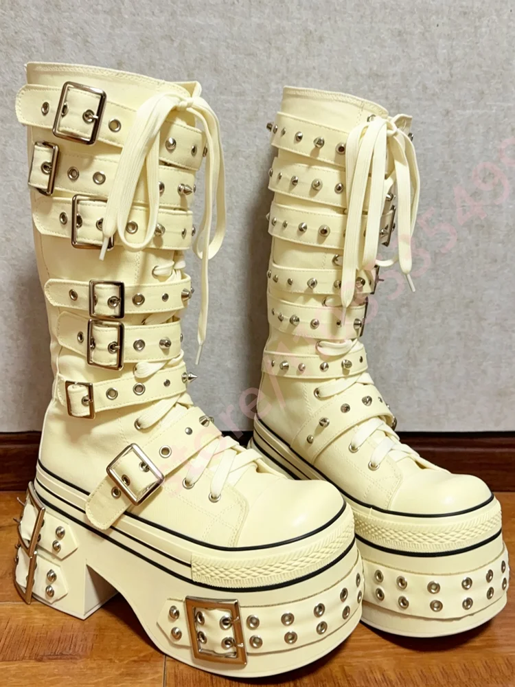Canvas Multi Buckle Rivet Knee High Platform Boots Women Lace Up Round Toe Chunky Block Heel Y2K Gothic Street Punk Tall Booties