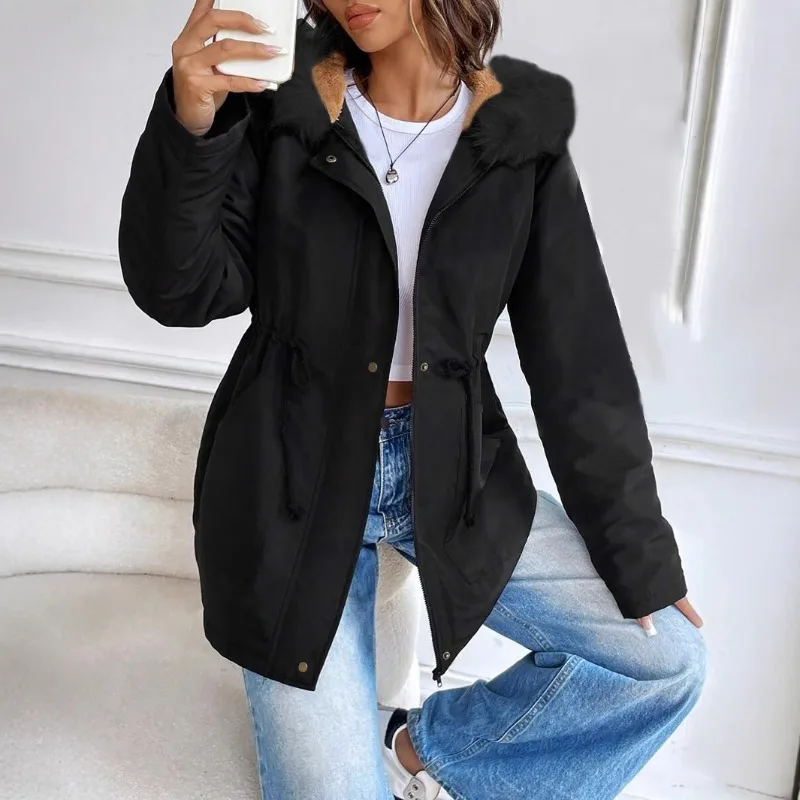

2024 Autumn and Winter New Fashion Commute Parker Coat Long Sleeves Solid Color Fleece Fleece Hooded Zipper Pocket Jacket
