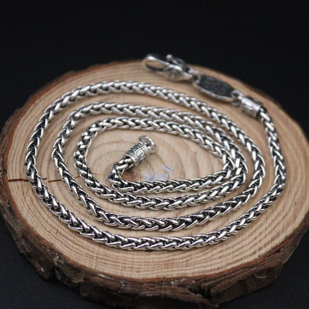 Pure S925 Sterling Silver Chain 3mm Men Women Wheat Link Necklace