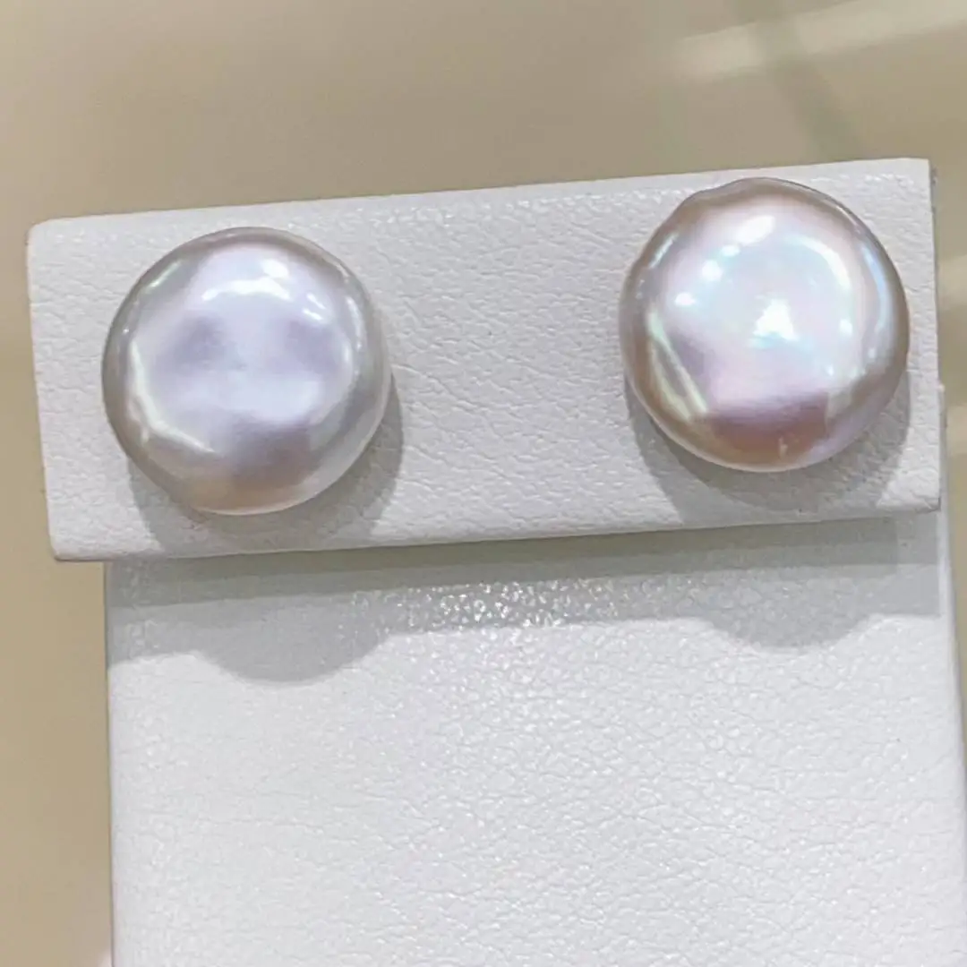 

Natural Freshwater Button Pearl 13-14mm Ear Stud High Luster 925 Silver Irregular Akoya Earrings Jewelry Limit Stock Women Gifts