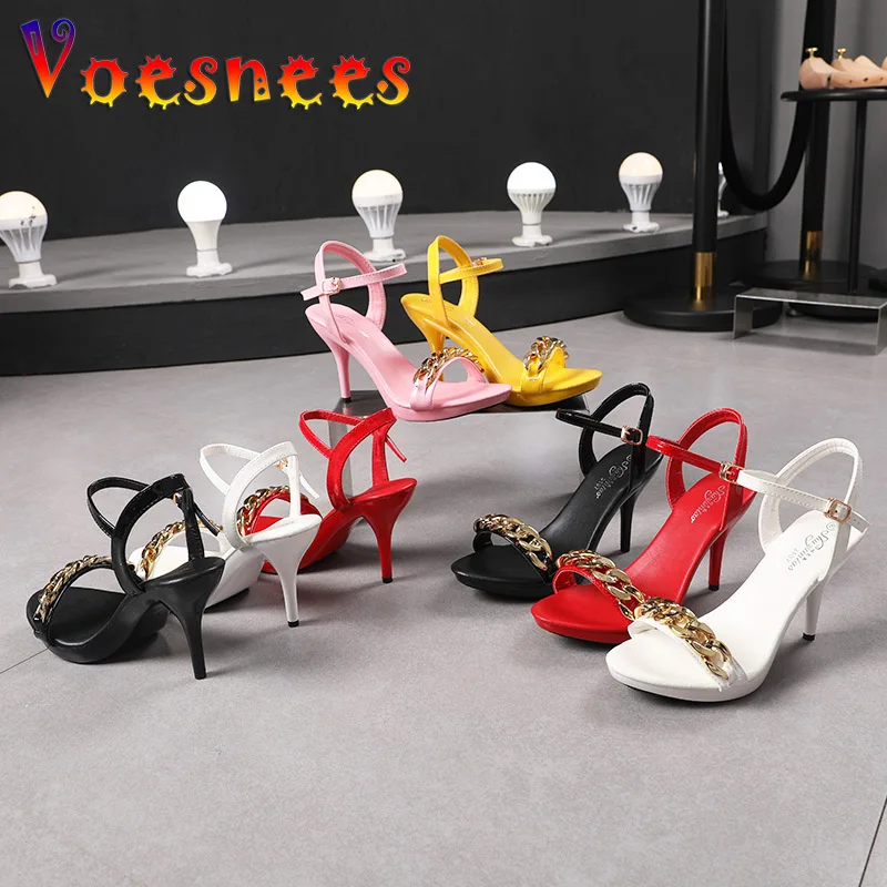 Voesnees Ladies Stiletto Pure Color Gold Chain Sandals 2022 New Summer Buckle Strap Fashion Dress High Heels Women Shoes Size 43