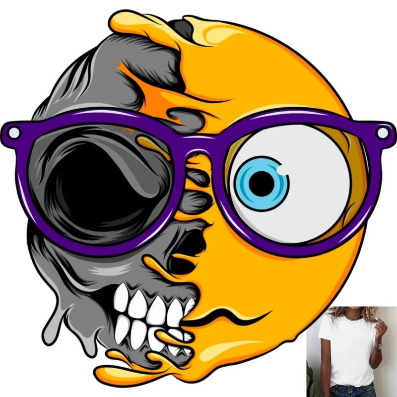Cool Cool Skull Emoji Half - Face Heat - Transfer White Ink Iron - on, Personalized & Funny Style, Suitable for T - Shirts/Canvas - Aliexpress Deal