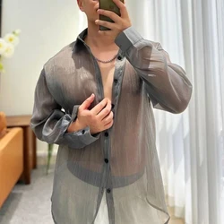 New Trendy Brand Semi Permeable Thin Shirt Light Luxury Men's Casual Long Sleeve Shirts Summer Loose Neutral Blouse Streetwear