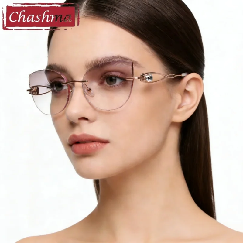 

Chashma Prescription Glasses Women Titanium Fashion Cat Eye Eyeglasses Round Diamond Trim Rimless Eyewear for Tint Color Recipe