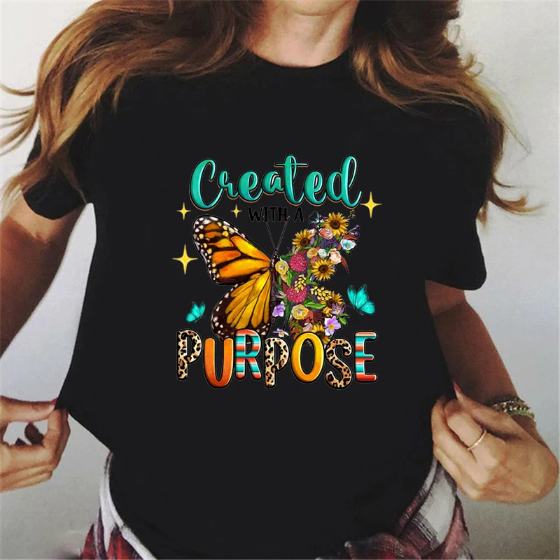Created With A Purpose Butterfly Print T-Shirt Women Inspirational Christian Art Tshirt Female Summer White/Black/Pink Tees Tops