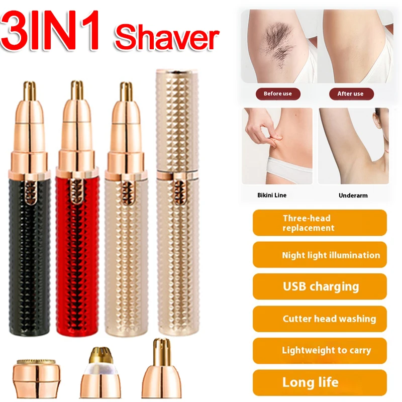 

3 in 1 Women's Electric Epilator USB Charging Portable Hair Remover Bikini Painless Shaver for Women Body Facial Eyebrow Trimmer