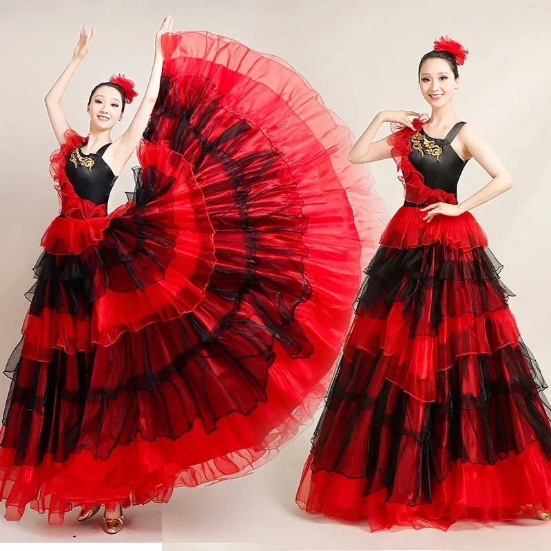Abito Flamenco Spagnolo Taglie Forti, Vestito per Danza del Ventre, Splendido Costume da Palcoscenico per Esibizioni di Gruppo, Abbigliamento Gitano