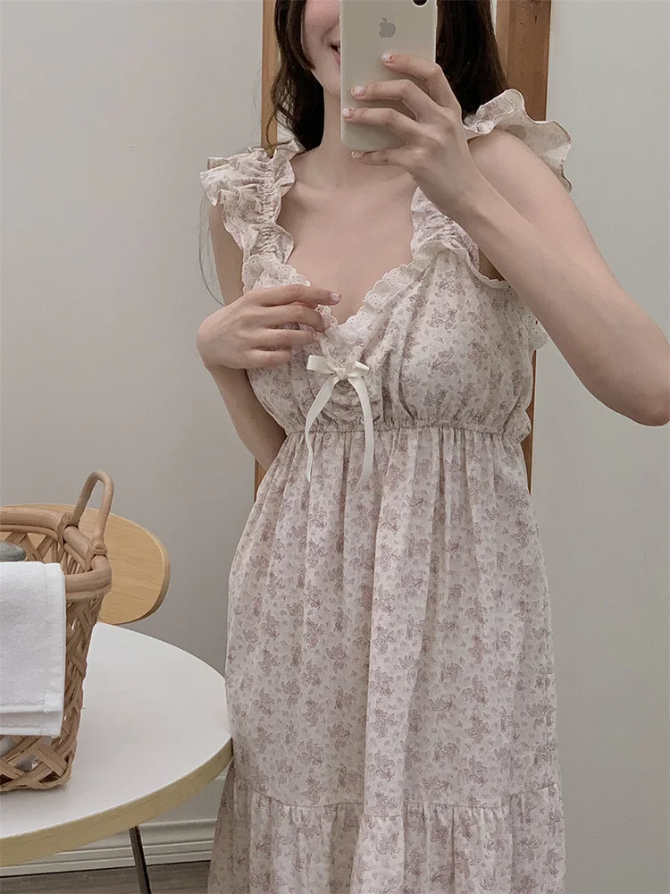 Print Soft Floral Cotton Sleeveless Sweet Court style French NightDress Women Princess Loose V-Neck Sxey Suspenders Sleepwear