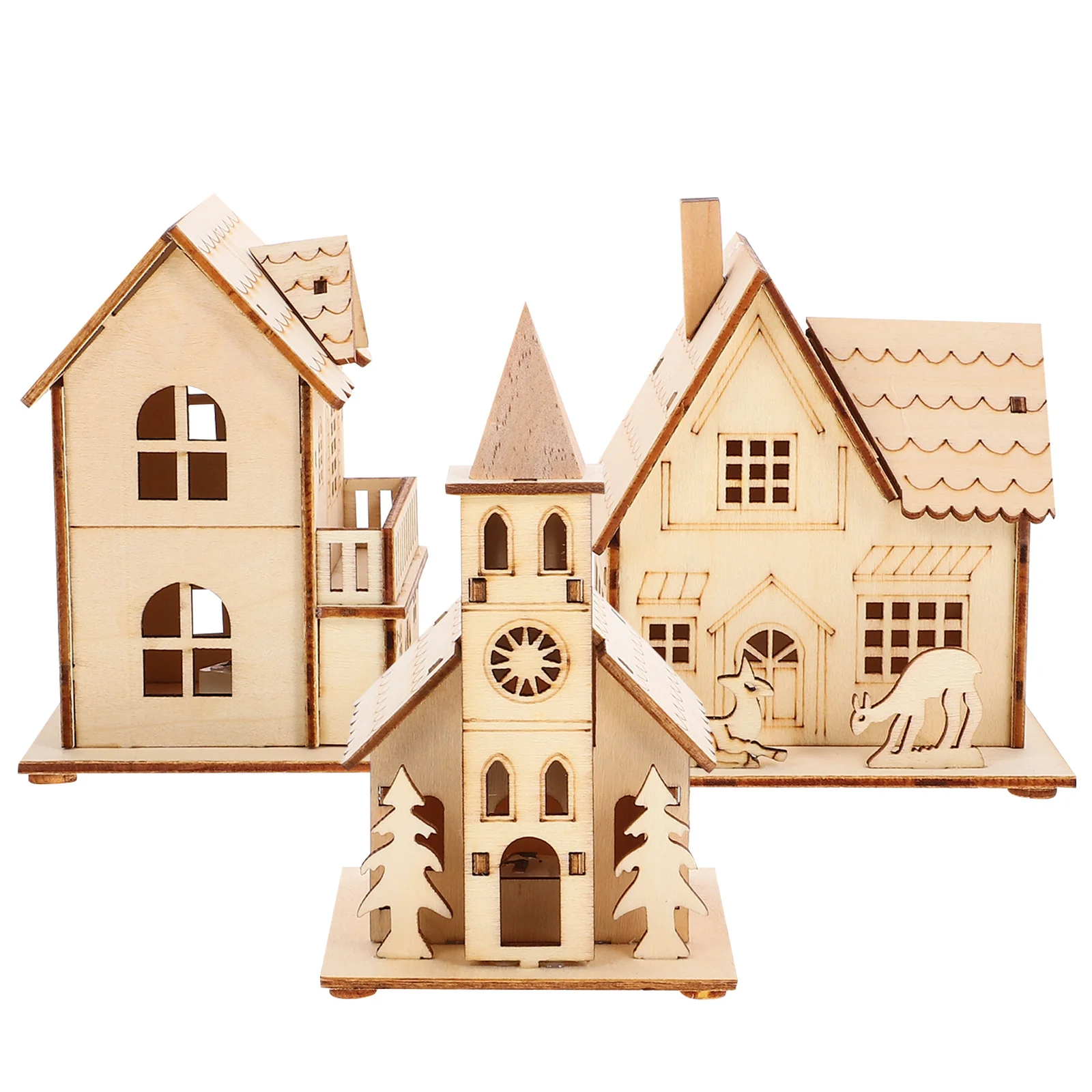 

3Pcs Luminous Wood House Desktop Adornment Exquisite Structure Soft Lighting Christmas Ornament Home Bar Restaurant Shop