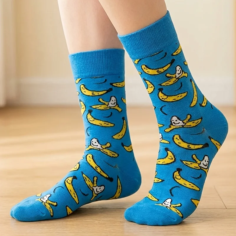 

1/2pairs Novelty Banana Print Crew Socks, Comfy Cotton Funny Socks for Daily Wear, Casual Outings and Gifting