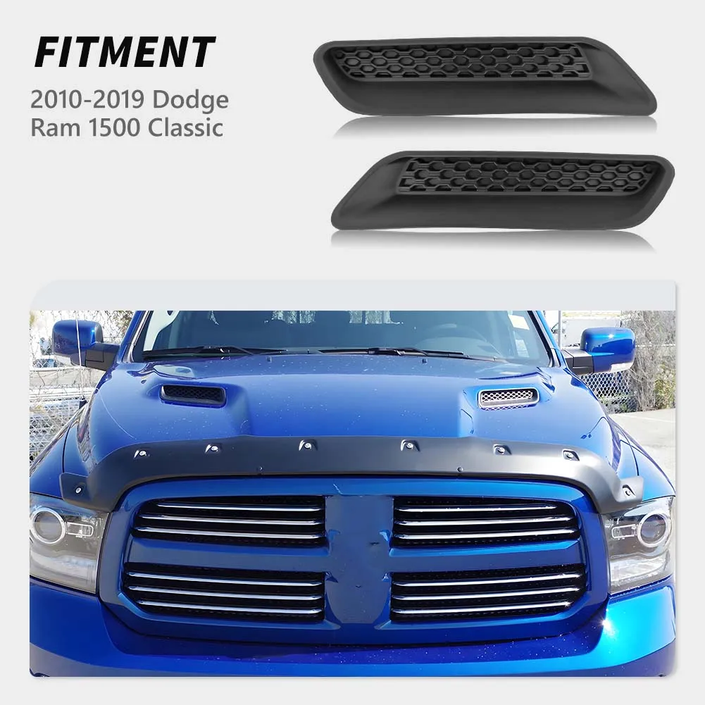 2PCS Black Front ABS Plastic Hood Bezel Vent Insert Grill Cover For 2010 Dodge Ram 1500 2011-2018 Ram 1500 2019 Ram 1500 Classic