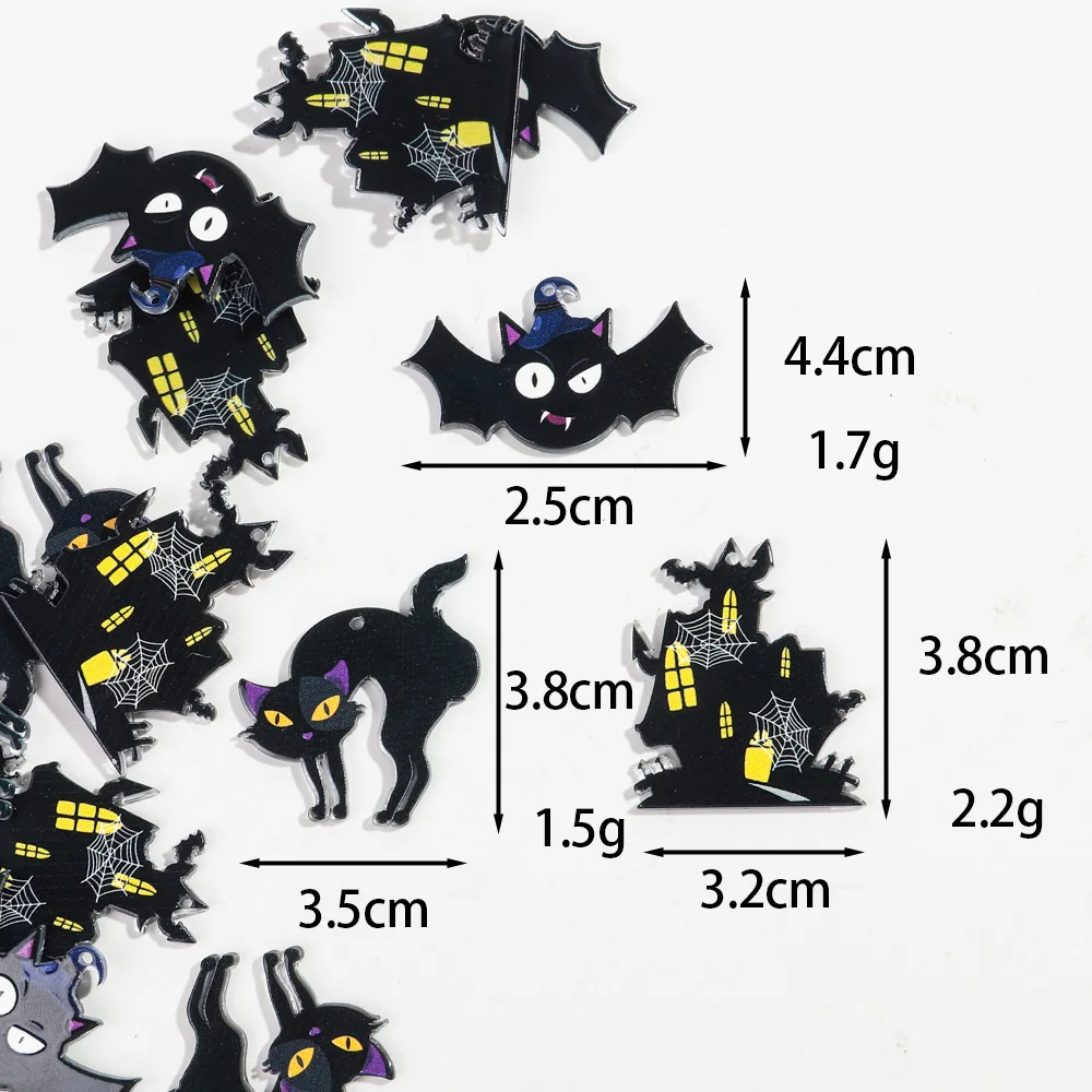 10pcs/lot Halloween Charms New Gothic Black Cat Bat Castle Acrylic Pendant for DIY Jewelry Making Necklace Earring Accessories
