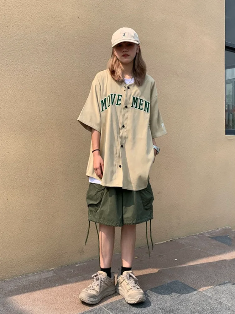 HOUZHOU ญี่ปุ่น Streetwear Hippie สีเขียว Cargo กางเกงขาสั้นผู้หญิง Kpop Harajuku Oversize กางเกงขาสั้นสีกากี Vintage Kpop สไตล์หลวม