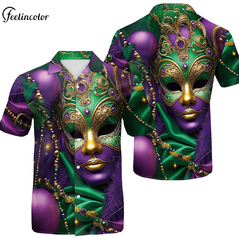 

Men Feather Mask Print Polo Shirt Mardi Gras Purple Green Tops Button Up Short Sleeve Shirts Carnival Celebration Party Clothes