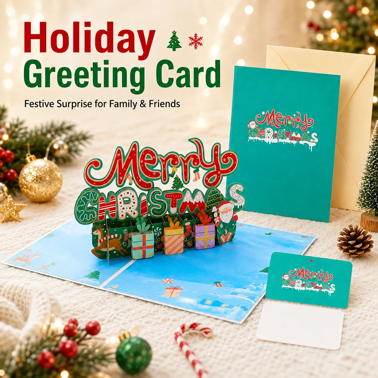 3D Pop Up Christmas Greeting Card with Envelope Blank Message Card Merry Christmas Holiday Gift for Family Friends