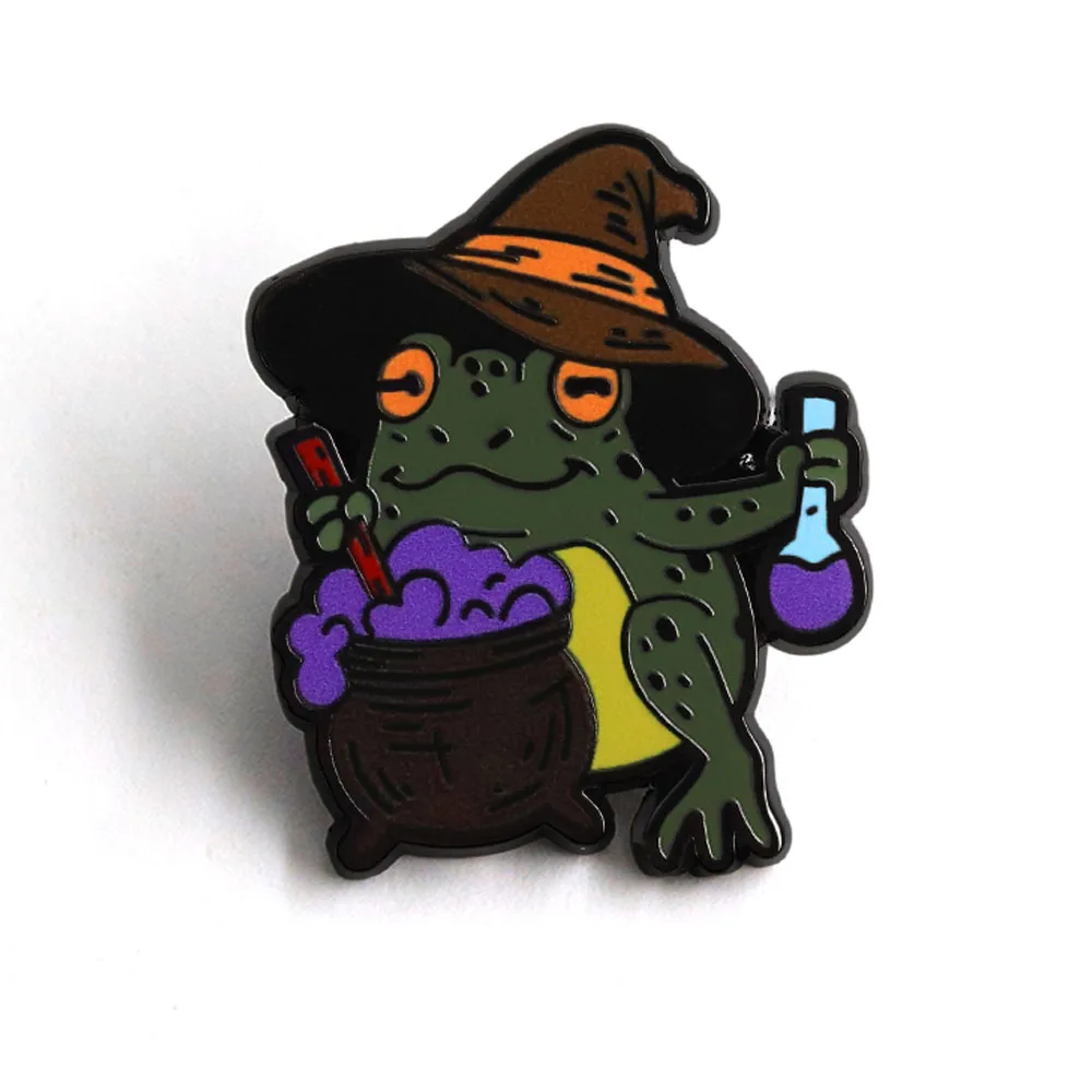 Frog Wizard Brewing Potion Brooch Green Toad Witch Hat Fantasy Magic Theme Lapel Pin Halloween Party Badge Accessory Holiday Gif