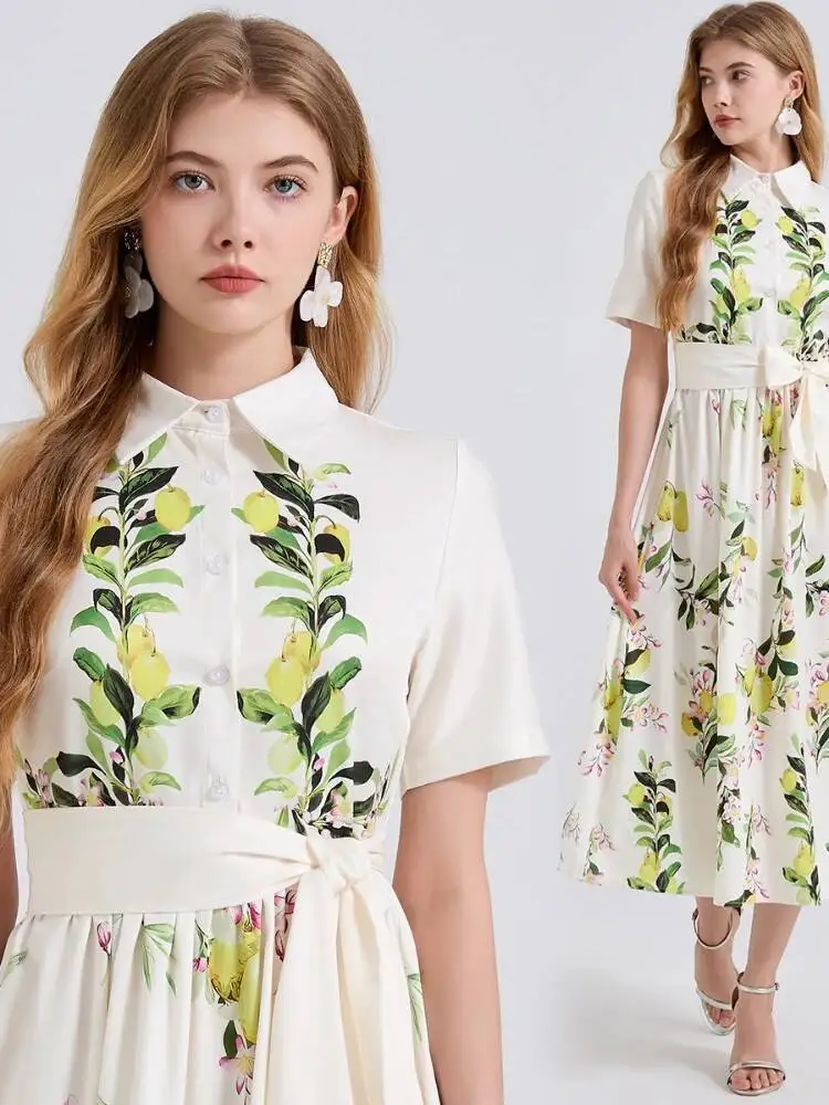 ฤดูร้อน Leaf พิมพ์เสื้อผู้หญิงวินเทจสูงเอวแขนสั้น A-Line ชุดราตรีชุดสุภาพสตรีชุดลําลองยาว Robe