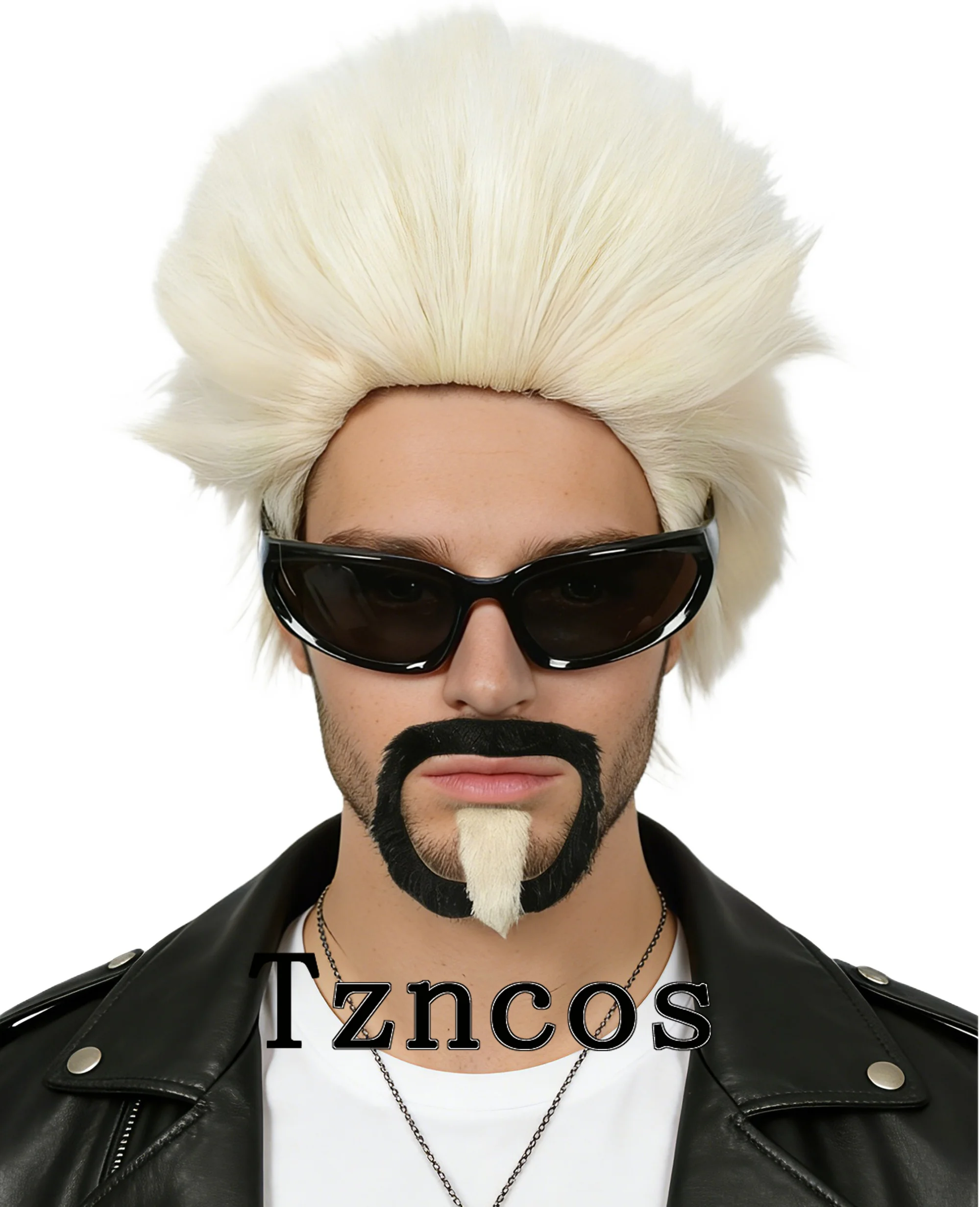 Tzncos ショート ペール ブロンド ウィッグとひげのセット、象徴的なコスプレ、ハロウィーンの衣装、テーマイベントに最適