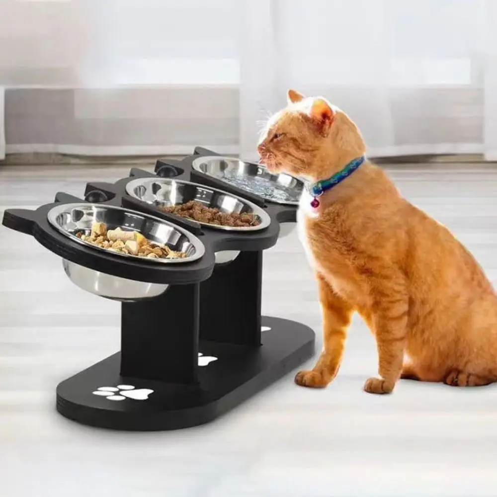 

Cute Wooden Rack Elevated Cat Dog Bowl Stainless Steel 15 Degree Tilt Pet Food Feeder 3 in 1 Pet Water Bowl Puppy