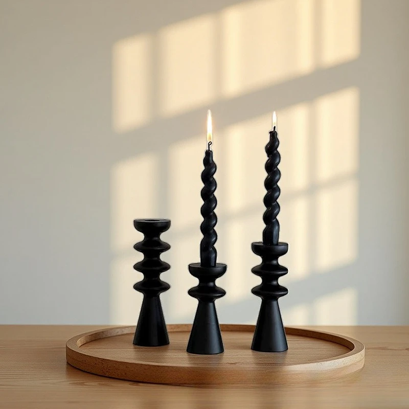 1/3PCS Halloween Party & Holiday DIY Decor Candlestick Bamboo Layered Special‑Shape Black Candlestick Set Retro Light‑Luxury
