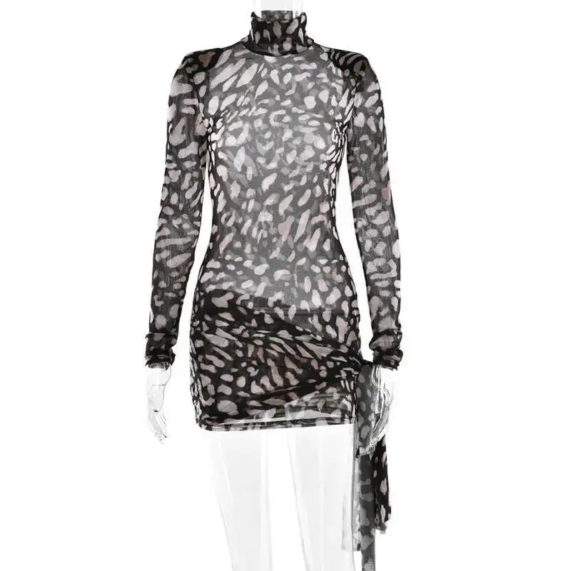 Sheer Sexy Leopard Mini Kleider Rollkragen High Street Kurzes Kleid Spitze-up Slim Fit Party Club Kleid Langarm kleid Für Frauen
